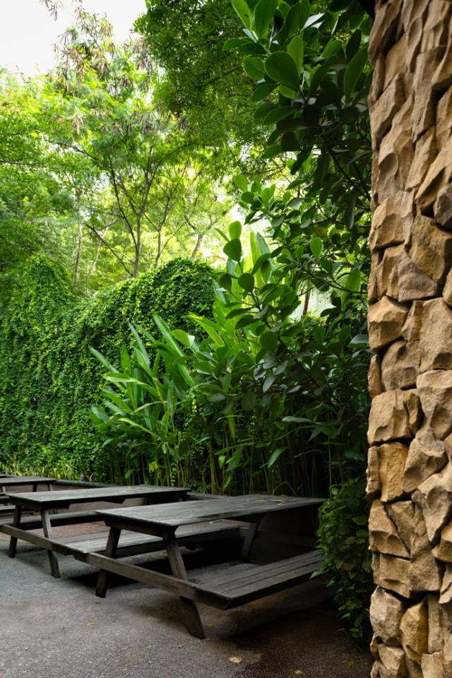 Timber benches line a narrow green passage beside a stone-clad column.